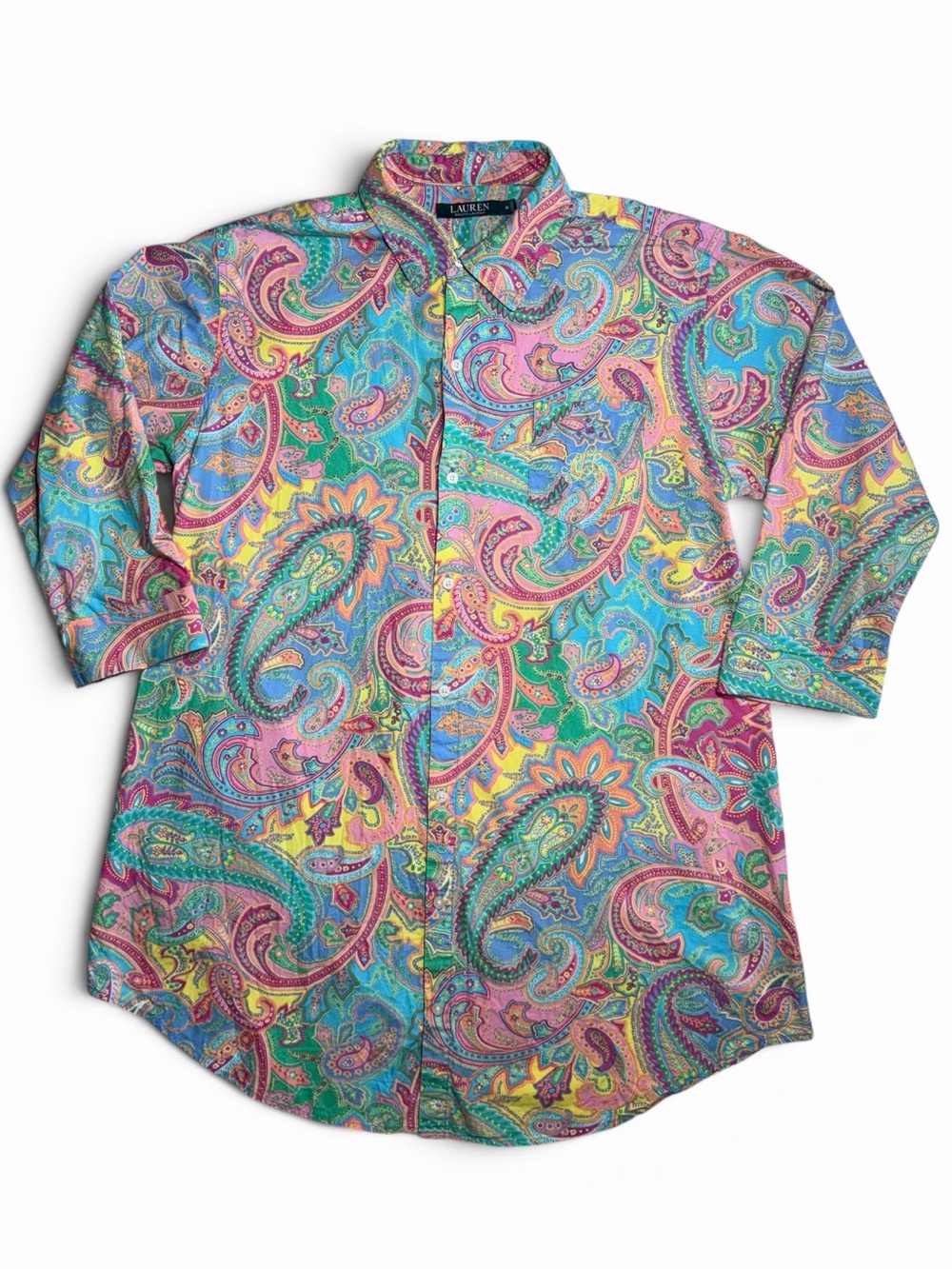 Lauren Ralph Lauren Colorful Paisley Button Front Tunic Shirt M Coastal Resort